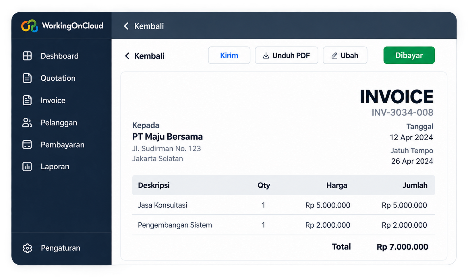Tampilan invoice WorkingOnCloud